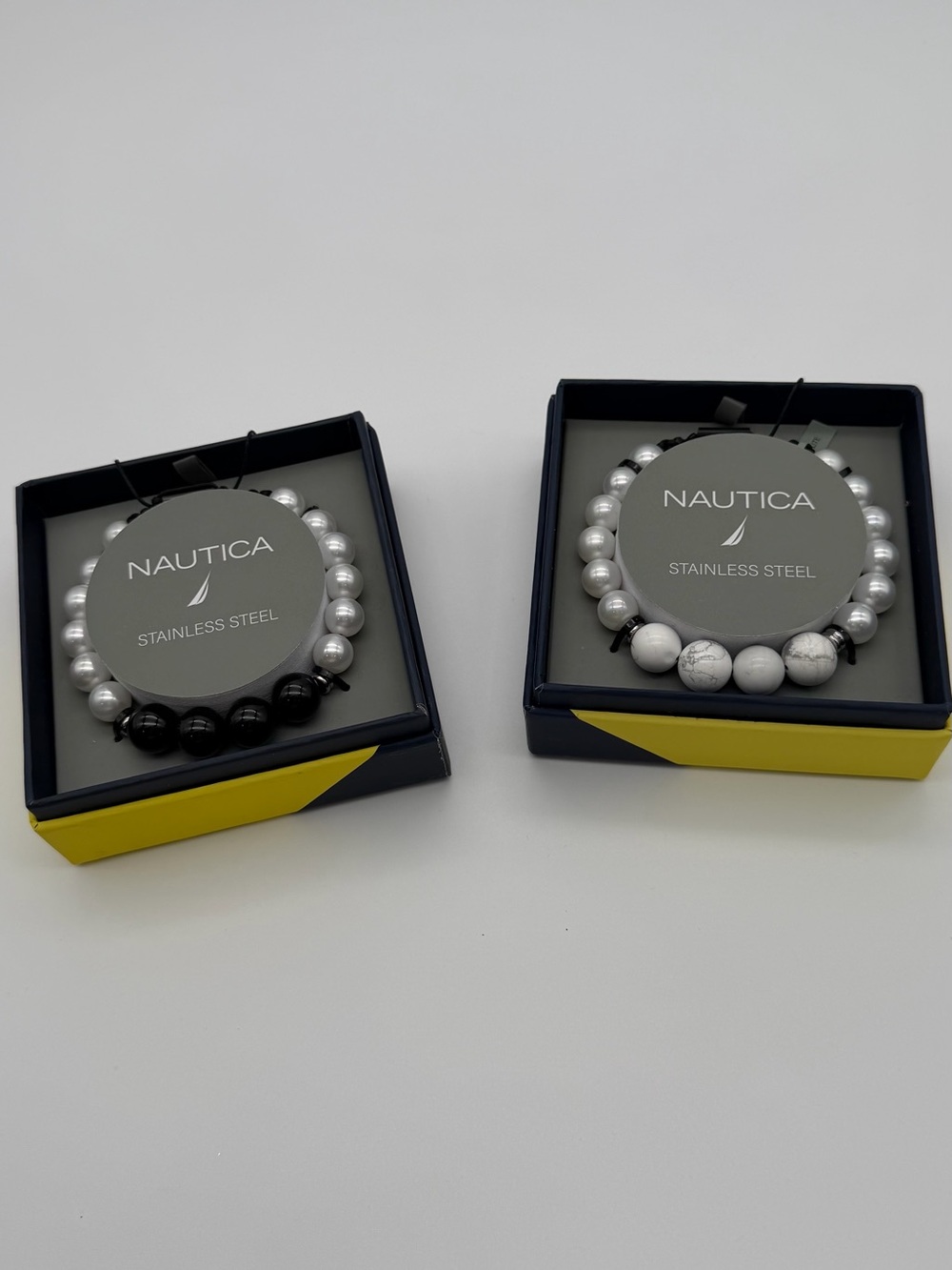 Nautica Silver and Black Beaded Stainless Steel Bracelets
